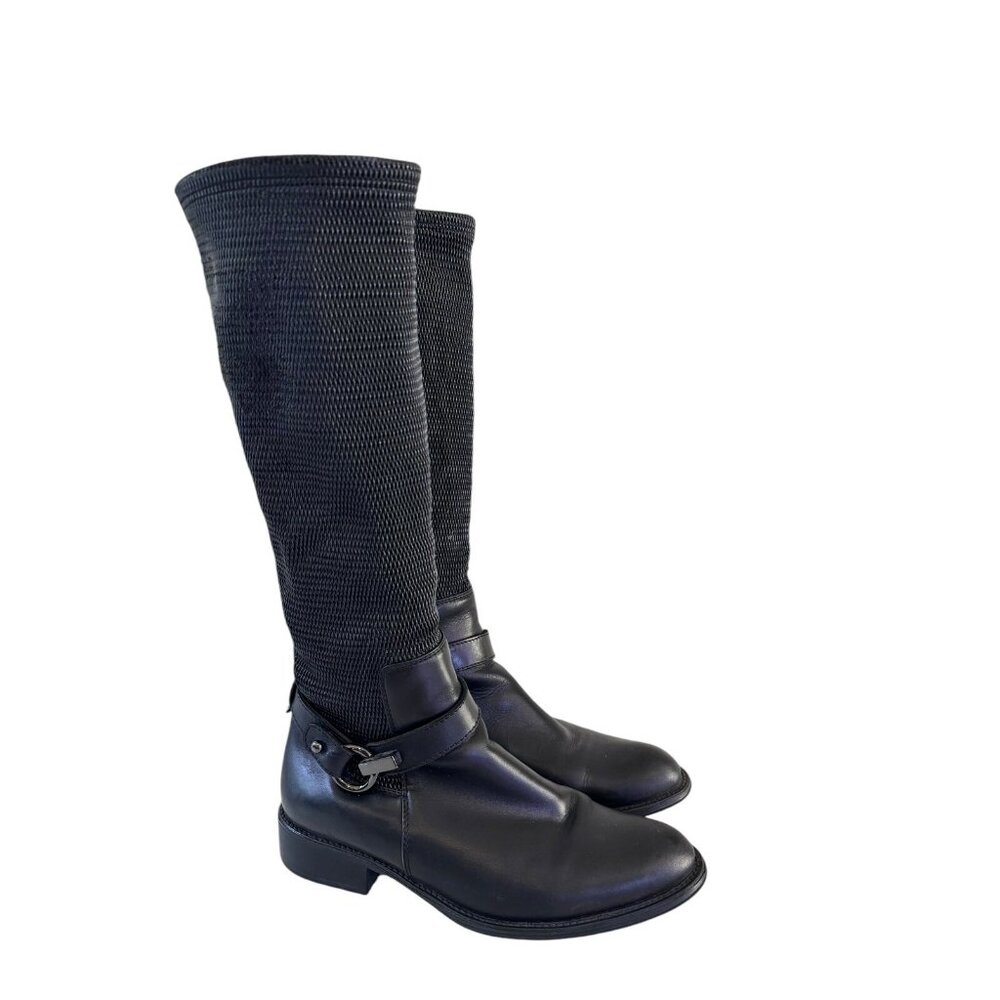 Aquatalia Women’s Black Leather and Stretch Fabric Knee high Boots – Size 8.5